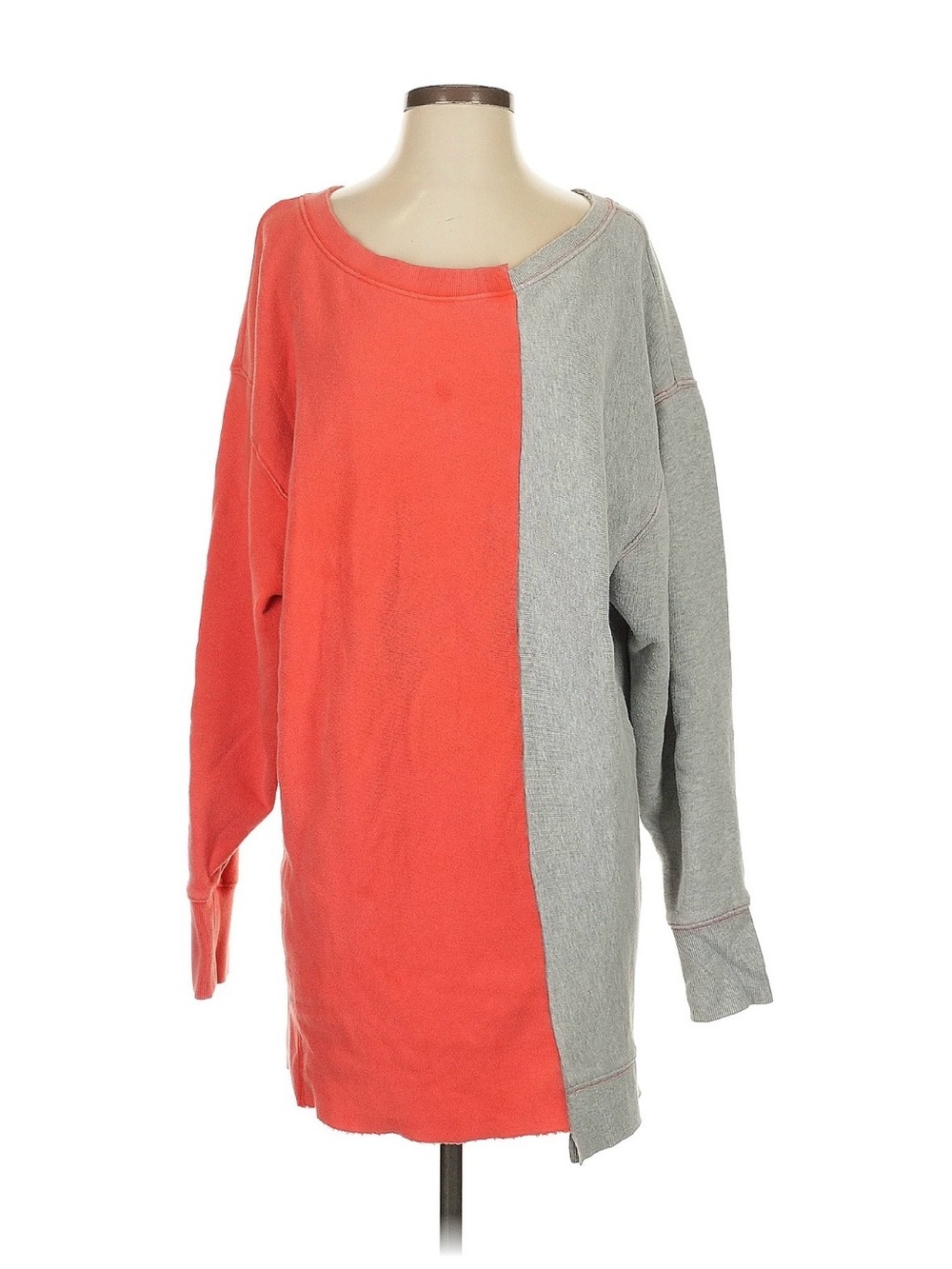 Free People Coral and Gray Vertical Colorblock Crewneck Sweater